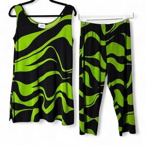 VTG 90s Jostar Electric Green Black Slinky Print Tank + Capris Set Made USA M/L